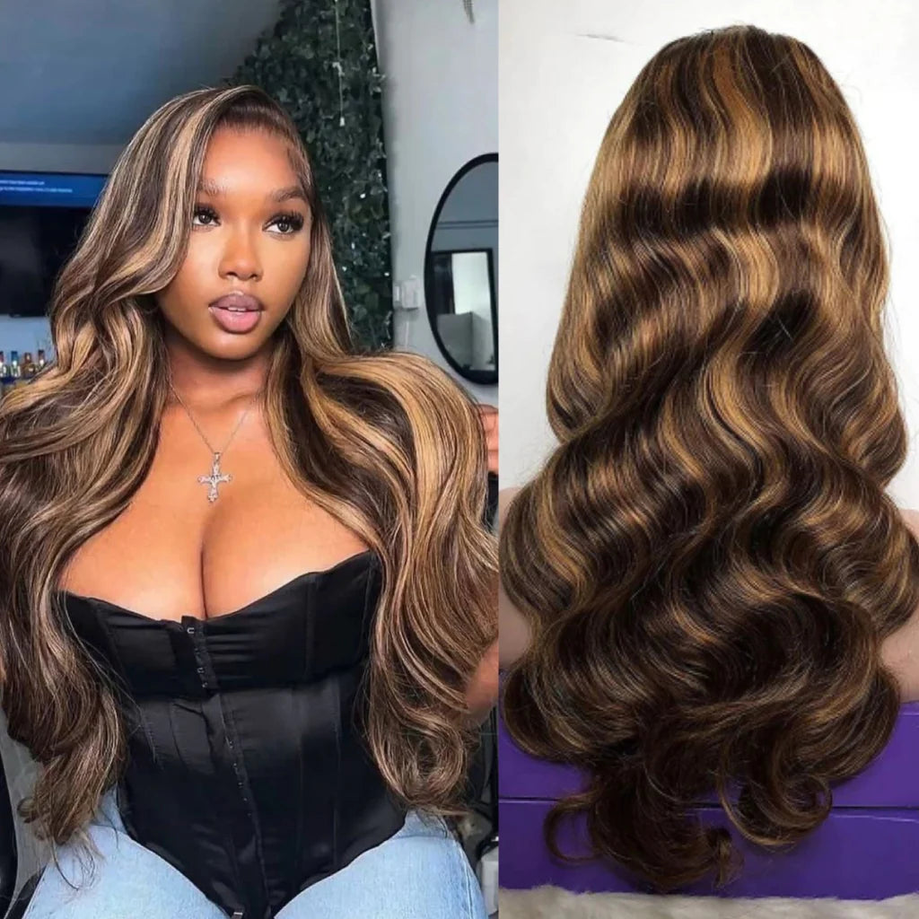 Highlight Body Wave Wig Human Hair Lace Wigs 4/27 Honey Blonde