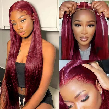 Ready To Wear Glueless Burgundy Human Hair PrePlucked Straight Hd Lace Frontal Wig