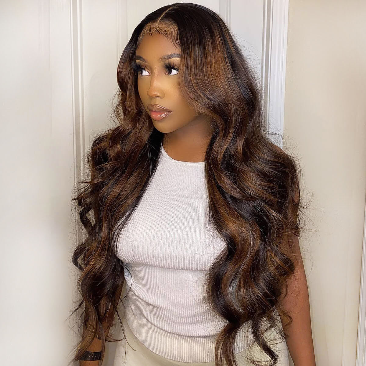 Highlight Body Wave Wig Human Hair Lace Wigs 4/27 Honey Blonde
