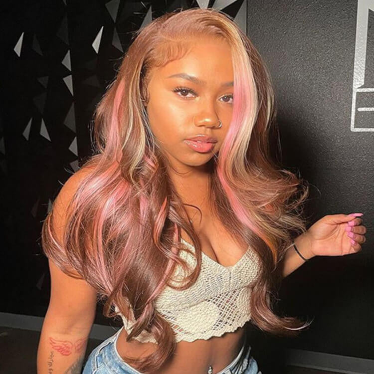 Transparent Pink Highlight Brown Lace Human Hair Frontal Wig