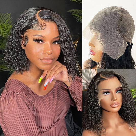 Short Curly Brazilian Human Hair Lace Front Wig 13X4 4x4 Closure Deep Wave Wig 180 Density