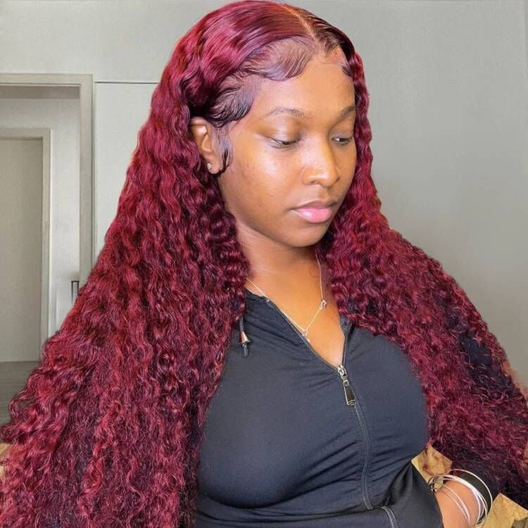 Long Deep Wave Burgundy Wig Hd Lace Frontal Pre Plucked 180% Brazilian Hair