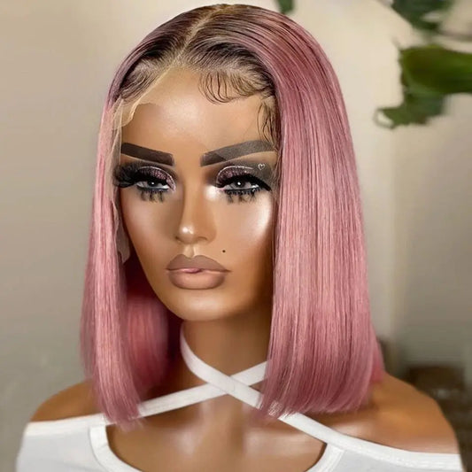 Ombre Pink Bob Wig Transparent Lace Front Wig Bleached Knots Pre Plucked