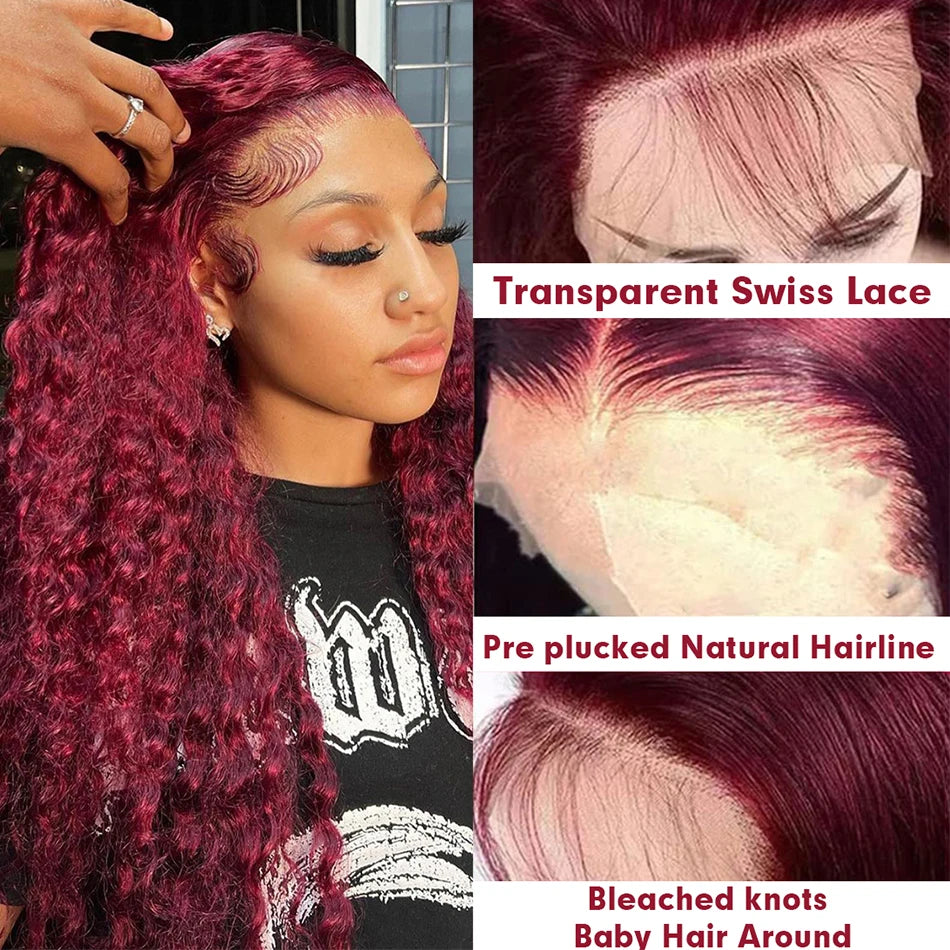 Long Deep Wave Burgundy Wig Hd Lace Frontal Pre Plucked 180% Brazilian Hair