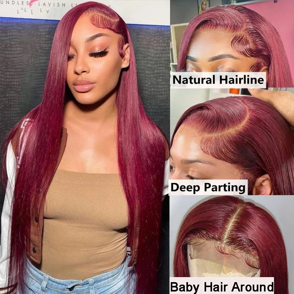 99J Transparent Straight Burgundy Lace Front Human Hair Wig