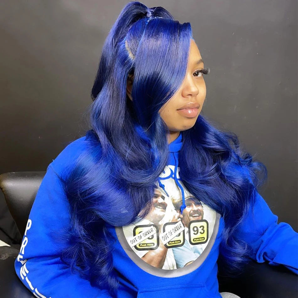 Royal Blue Transparent Pre Plucked Lace Front Human Hair Wig 13x4