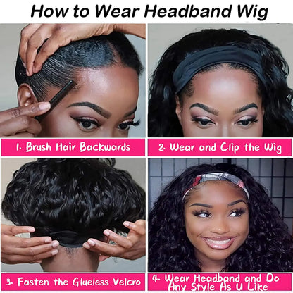 Ready to Wear Deep Wave Headband Bob Wig Human Hair Glueless Brazilian Curly 180% Wig