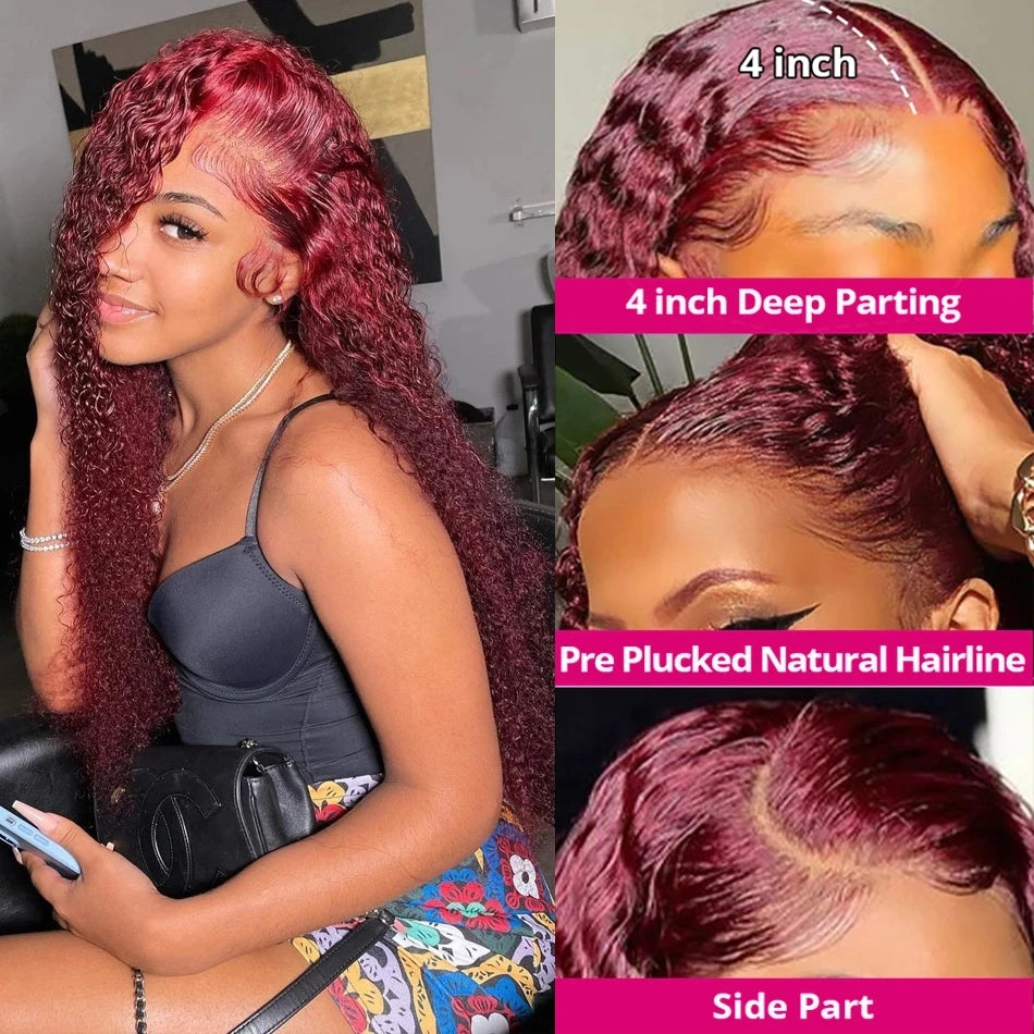 Curly Burgundy HD Lace Frontal Human Hair Wig Transparent Lace